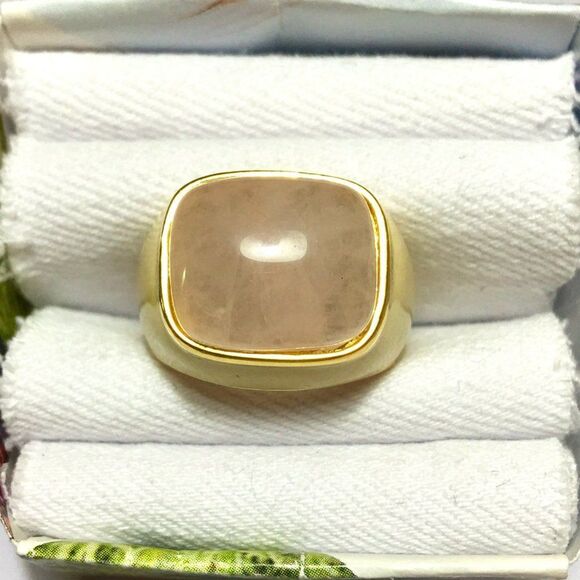 Vintage Rose Quartz Ring Gold Tone Cream Enamel Wide Band Size 7 - Picture 3 of 12